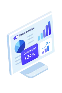 Digital dashboard displaying customer value metrics, including pie charts, bar graphs, and a cash income increase of +34%, used for internal value analysis and strategic decision-making.